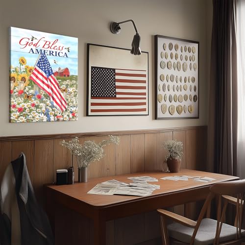 Image of 4th of July America Patriotic Wall Art, God Bless USA Flag and Daisy Field with Farm and Butterflies Print, Summer Country Poster Framed Vintage Wall Decor for Living Room and Entryway 24x30inch