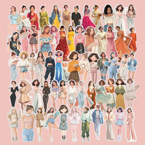 Image of Pack of 60 Aesthetic Fashion Girl Vinyl Stickers | Waterproof Self-Adhesive Decals for Laptop, Water Bottle, Mobile, Diary, Journal, Scrapbook, Luggage, Helmet & DIY Decoration