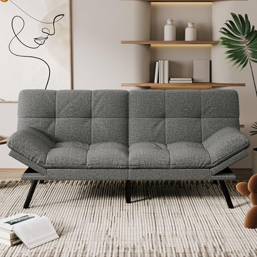 Vipbear 71" Convertible Futon Sofa Bed,Linen Fabric Futon Couch with Detachable Cushion,Adjustable Backrest & Armrest,Modern Loveseat Sleeper Recliner for Living Room,Office,Apartment,Grey