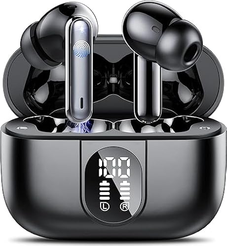 Wireless Earbuds Bluetooth V5.3 Headphones 50H Playback Deep Bass Stereo Ear Buds with LED Power Display Charging Case IPX6 Waterproof Earphones with Mic Headset for Laptop Pad Android/iOS Phones
