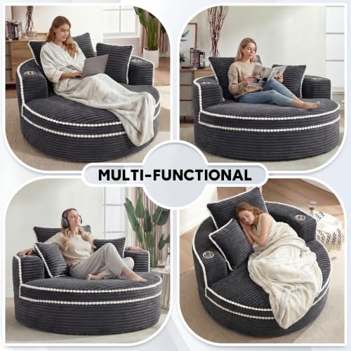 Image of Oversized Round Chair Lounge Chaise Indoor, 54.3 inch Upholstered Corduroy Deep Seat Single Cloud Sofa Chair with Cup Holder, Modern Large Circle Boneless Sleeper Sofa for Living Room, Dark Grey