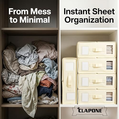 Image of CLAPONE Bedsheet Organizer Storage Box, Foldable Clothes Storage Container, Non-Woven Closet Organizer for Bedding, Blankets, Comforters & Underbed Storage (Off-White, Pack Of 4 Bedsheet Cover)
