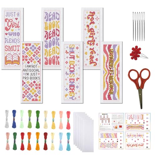 Image of FREEBLOSS 6 Set Cross Stitch Bookmark Kit Stamped Cross Stitch Kit for Beginners Embroidery Set with Instruction for Adult Read Theme Patterns 8 inch*2.4 inch