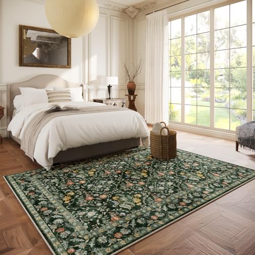 Image of Vintage Botanical Dark Green Area Rug 5x7 Elegant Floral Pattern, Durable Stain-Resistant Fabric, Perfect for Living Room, Bedroom, Dining Room Decor