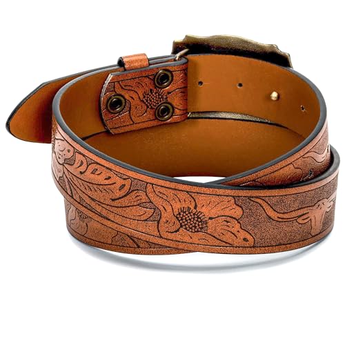 Image of UTOWO Rodeo Western-Longhorn-Bull Cowboy-Belt for Women-Men Bull-Floral-Embossed PU-Leather Cowgirl Waist Belt for Jeans