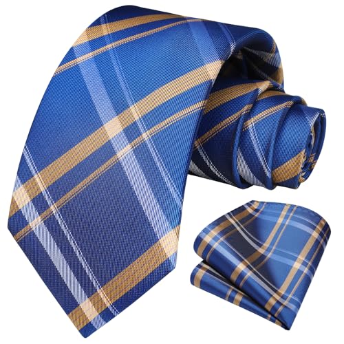 Image of HISDERN Ties for Men Formal Business Plaid Checked Mens Ties and Pocket Square Set Classic Wedding Necktie Handkerchief