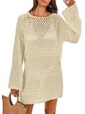 ANRABESS Women Swimsuit Crochet Swim Cover Up 2025 Summer Bathing Suit Swimwear Mesh Knit Beach Dress Vacation Outfits Beige Large