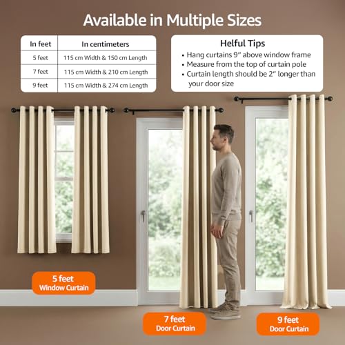 Image of Amazon Basics - Room Darkening Blackout Door Curtains, 100% Room Darkening | 9 Feet |Set of 2| Plain Design | for Living Room and Bedroom | 115cmx 274cm, Color- Cream