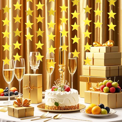 Image of Glitter Star Garland Banner Decor 130 Feet Gold Star Garland Hanging Bunting Banner Backdrop for Graduation Wedding Birthday Holiday Party