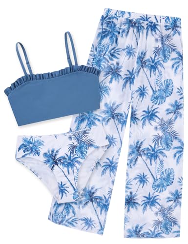 Image of Vogseek 6-16T Girls 3 Pieces Bikini Bathing Suit with Rash Guard Pants Quick Dry Swimwear Cover-Up Sets