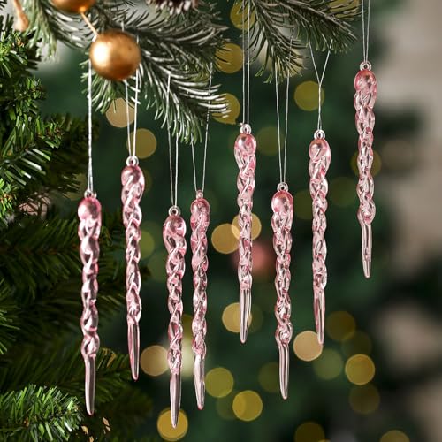 Valicaer Christmas Tree Decorations,24 Pack Clear Glitter Icicle Ornaments - 5.1 Inch Sparkling Christmas Tree Trims for Holiday Décor (Pink)