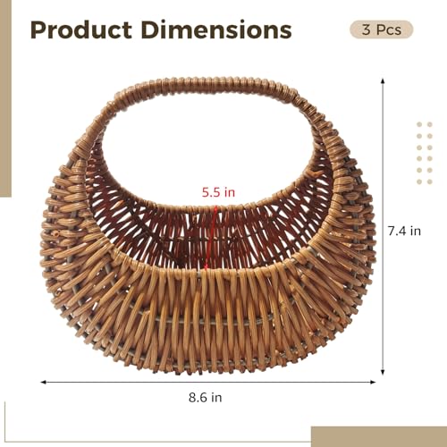 3PCS Woven Flower Girl Basket,Small Wicker Basket with Handle,Half Moon Wicker Flower Girl Basket for Wedding, Gifts,Home Decor,Elegant Storage Solution,Versatile DIY Projects