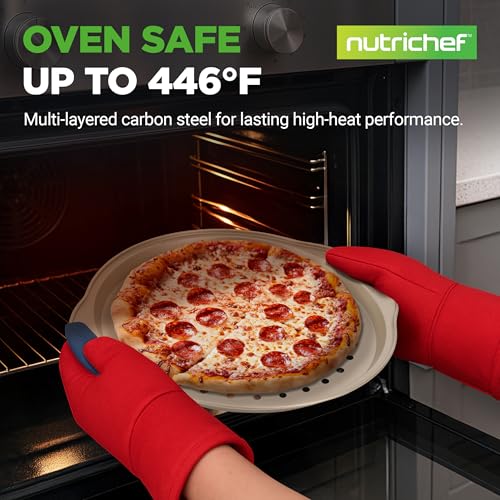 Image of NutriChef 3-Piece Pizza Tray Set with Silicone Handles - Round Nonstick Pizza Pan with Perforated Holes, Durable Carbon Steel, Small, Medium, Large Sizes - Ideal for Crispy, Evenly Baked Pizzas (Gold)