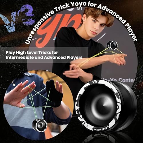 Image of Magic Yoyo V3 Professional Responsive Yoyo - Aluminum Yo-Yo for Kids & Beginners | Includes Replacement Unresponsive Bearing for Advanced Players, Removal Tool, Bag & 12 Strings (Black)