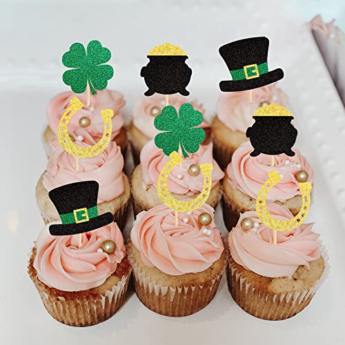 24 Pcs St Patrick's Day Cupcake Toppers Glitter Shamrock Lucky Four Leaf Clover Cupcake Picks Horseshoe Cake Decorations For St Patrick's Day Theme Baby Shower Birthday Party Supplies #TOP3