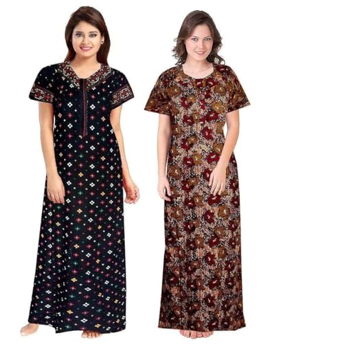 Image of YUKATA Nighty for Women Cotton Printed Maxi Gown Ankle Length Nighty Night Dress Gown for Women Maxi - Free Size (Pack of 2)