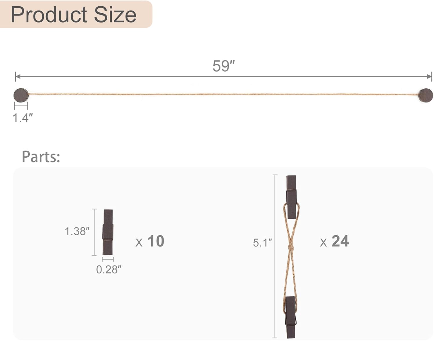 Mkono Art Display for Kids Artwork, 59" L Hanging Rope Boho Wall Decor with 34 Clips, Kids Art Collage Pictures Holder, Wall Hanging Decoration for Room Bedroom Playroom Classroom, Brown