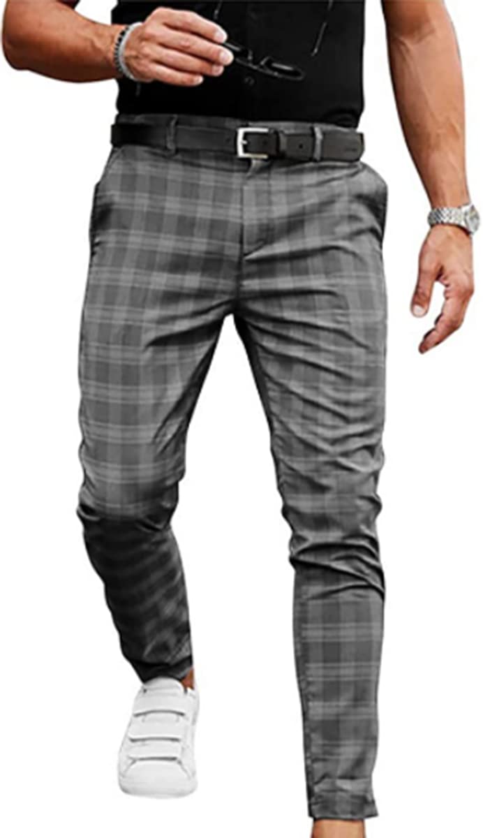 Pantalone Da Uomo A Quadri Con Vita Elastica Casual,Uomo Slim Fit Pantaloni,Alla Moda Pantaloni A Sezione,Streetwear Pantaloni Casual Slim Fit Laterali 1,S