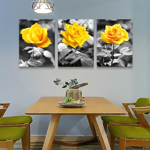 DZRWUBHS Canvas Wall Decoration For Living Room Framed Wall Art For Bedroom Black And White Prints Pictures Yellow Rose Flowers Paintings Artworks Modern Bathroom Kitchen office Walls Decor 3 Piece