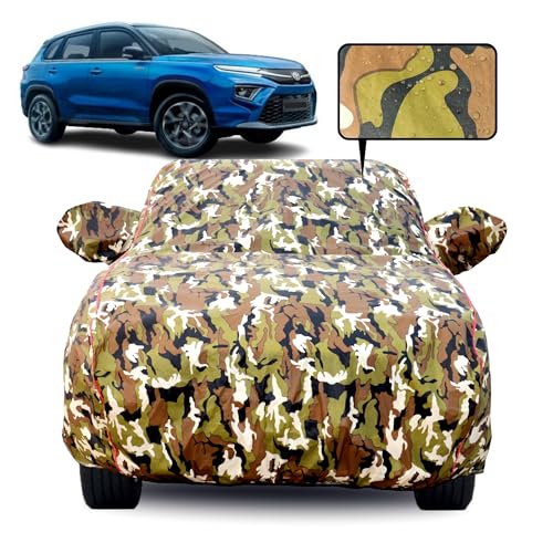 Image of Waterproof Car Body Cover for Toyota Hyryder with Mirror Pocket, Soft Cotton Lining, Triple Stitched, Full Bottom Elastic (Heat Resistant Jungle Print with Red Piping)