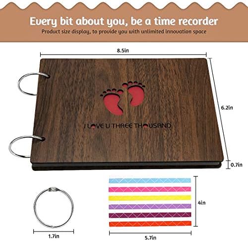 ChuJun DIY Photo Album 30 Cards (1 Red and 29 Black), Baby Photo Keepsake, Scrapbook DIY Photo Album Hand Carved Wooden Baby Footprints Album,Love you Baby Three Thousand times