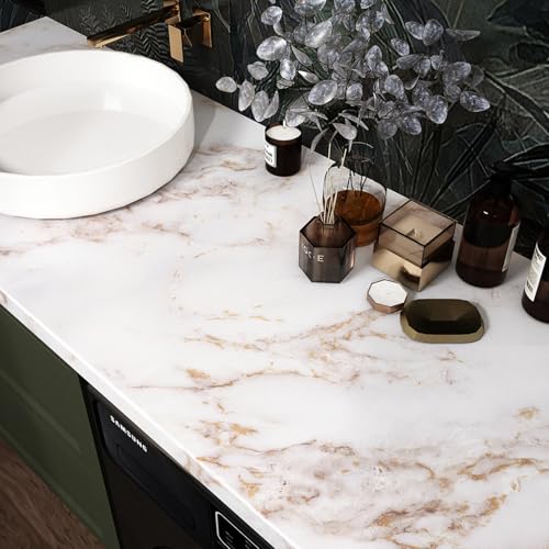 Wallercity White/Gold Marble Contact Paper for Countertops Matte Peel and Stick Granite Wallpaper for Cabinets Drawers Vinyl Self Adhesive Wallpaper for Bathroom Kitchen Backsplash Table 15.8''x78.7''