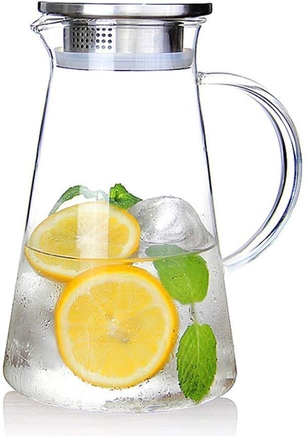 Deli 1800 ML Water Juice Jug Pot, Stainless Steel Air Tight Cap,Transparent Borosilicate Glass,Set of 1 Pcs