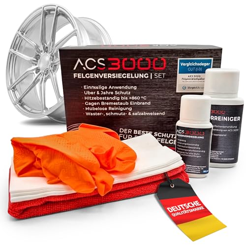 ACS3000 Felgenversiegelung Set. 5 Jahre Hochglanz und Schutz vor Salz, Bremsstaub und Verschmutzung bis +850°C bei einmaliger Anwendung. Set mit Vorreiniger, Handschuhen, Tüchern und Felgenversiegelung (50 ml)