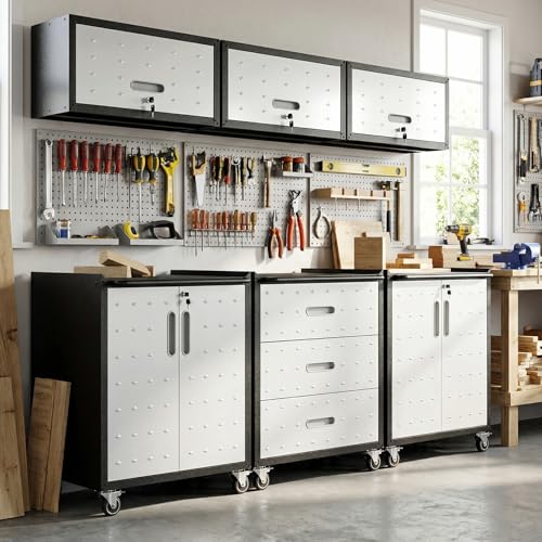 VIYET Garage Cabinet System | Heavy Duty Steel All-in-One Modular Garage Cabinet Set for Ultimate Workshop Organization | Easy Assembly Garage Storage Cabinets & Tool Bench