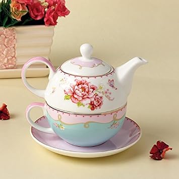 Jusalpha Fine Bone China Teapot for One, Rose Teapot and Saucer Set- Tea Cup with Saucer Set, Pink Roses (Tea for One 02)