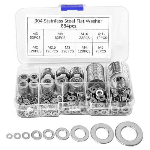 Flache Unterlegscheiben Set Edelstahl 684 Stück mit Sortimentskasten Insgesamt 9 Verschiedene Größen M2 M2.5 M3 M4 M5 M6 M8 M10 M12 Flach Sicherungsscheiben Karosseriescheiben für Schrauben Muttern