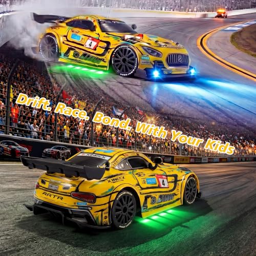 Image of RC Drift Car,1:24 4WD High Speed Electric Remote Control Car with LED Lights,Drifting Tires,2 Batteries,Dual Mode Tires,Hobby Racing Toy Car for Adults & Kids (3-Yellow)