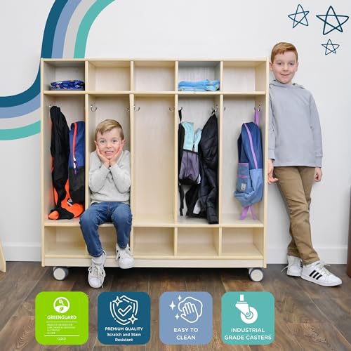 Image of Children's Factory Mobile 5-Section Locker with Shoe Storage, Kids School Cubby Shelves with Hooks, Toddler Classroom & Daycare Organizer Furniture, Assembly Required