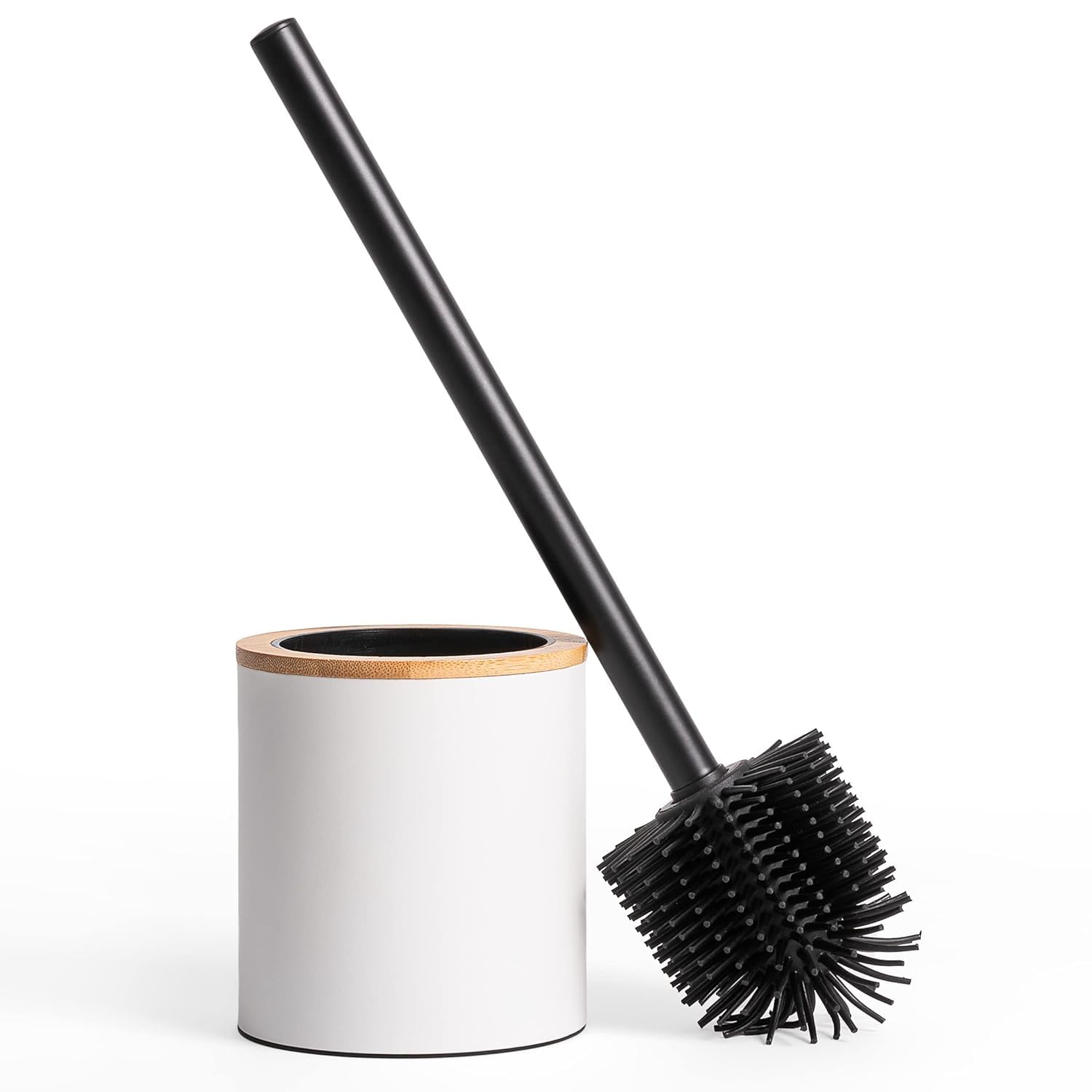 Porte-Brosse WC DAMDAM GO - Design Bambou Et Acier Inox, Blanc - Range Brosse Élégant Pour Salle De Bain