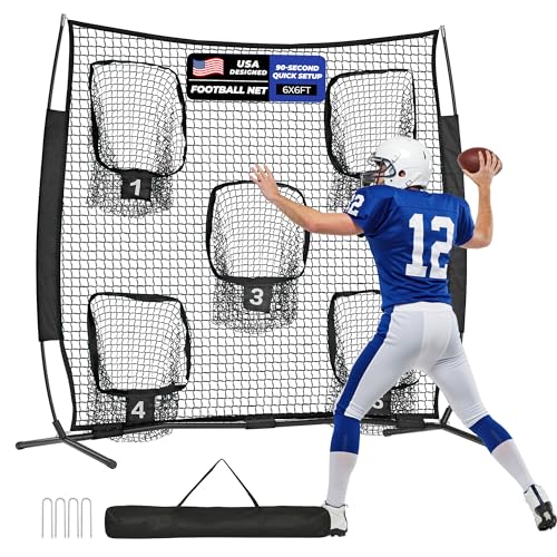 Football Throwing Net, 6x6ft Football Nets for Throwing with 5 Target Pockets, Football Throwing Target for Quarterback, Football Training Equipment with Portable Carry Bag