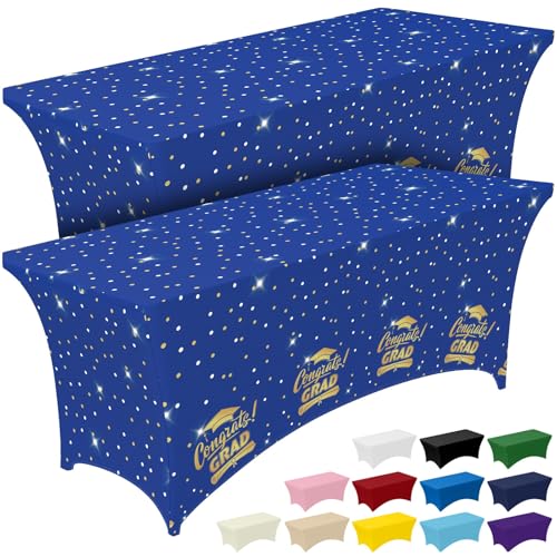 Image of Pureegg Graduation Decorations 2026 Spandex Tablecloth 6ft - 2 Pack, Class of 2026 Blue Fitted Stretch Rectangle Table Cover, Wrinkle-Free Tight Tablecloth for Graduation Party, Banquet