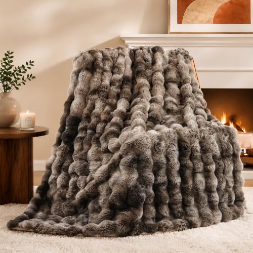 Smoofy Faux Fur Throw for Couch - Tie-dye Brown Bubble Blanket 60"x80"