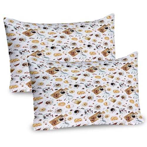Ambesonne Modern Pillow Sham Set of 2, Lunch Table with Croissant Bagels Coffee Cheese Chocolate Watercolor Art, Quality Microfiber Bedding Item for All Seasons, 30