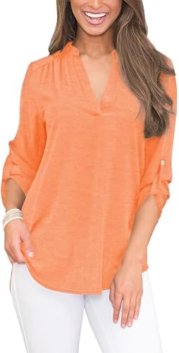 Poetsky 3/4 Sleeve T Shirts for Women Tunic Blouse Quarter Length Sleeve Tops Vn