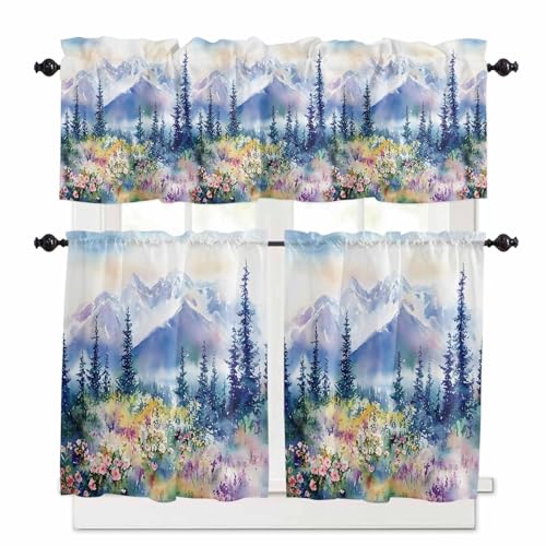 Blue Purple Mountains Kitchen Curtains 36 Inch Length,3 Piece Rod Pocket Small Half Tiers and Valance Set,Watercolor Wildflower Pine Trees Small Large Window Treatment Decor for Bedroom/Bathroom Sink