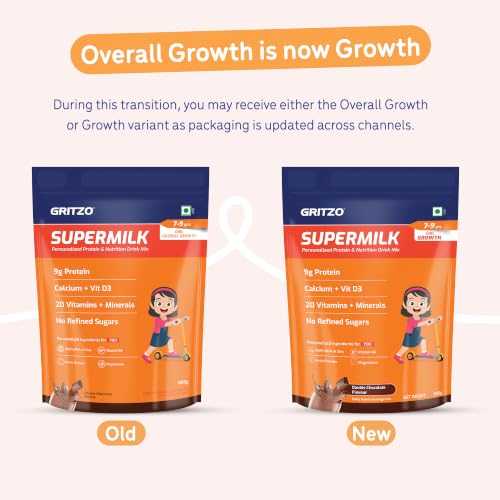 Image of Gritzo SuperMilk Growth (7-9y Girl), Double Chocolate, 800g | 9g Protein with 20 Vitamins & Minerals | Zero Refined Sugar