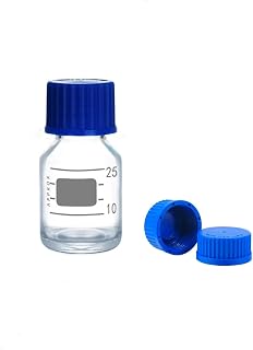 25ml Reagent Media Bottle, Graduated Glass Round Media Storage Bottle with Orange double cover GL25 Screw Cap, Wide Mouth Lab Reagent Bottle, Clear,Pack of 1