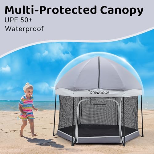 Image of Pamo Babe Baby Playpen with Sun Protection Canopy - Indoor & Outdoor Play Yard for Babies and Toddlers - Baby Tent with Zipper Door