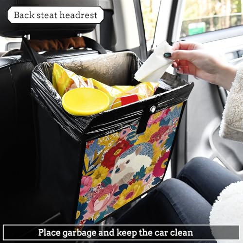 Image of Car Trash Can Organizer Bin with Adjustable Strap for Back Front Seat Console Waterproof Leakproof Collapsible Portable 8.66 Inch Garden Flowers Hedgehogs Colorful