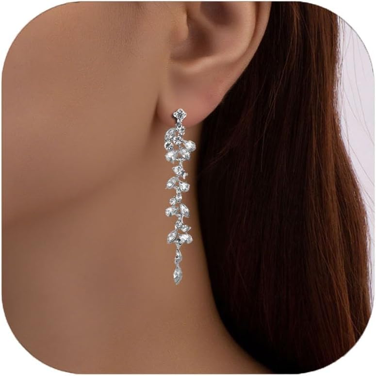 925 Sterling Silver Clip On Earrings for Women, Silver Plated Cubic Zirconia CZ Long Tassel Dangle Drop Clip Earrings Leaf Non Pierced Earrings Jewelry Gifts for Wedding Party Prom