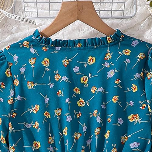 Girls Casual Floral Dress Long Sleeve A-Line Smocked Chiffon Pleated Midi Dresses for Teen Girl (Blue #6, 10-11 Years)2