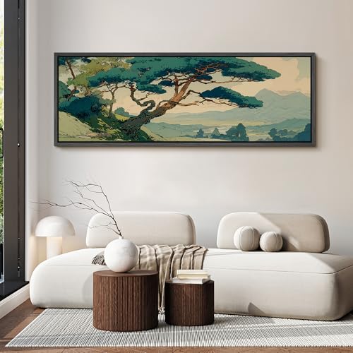 Image of MUDECOR Large Framed Canvas Print Wall Art Vintage Japanese Pine Tree Landscape Oriental Antique Retro Ready to Hang Painting for Living Room Bedroom Multi-Sizes - 60 inchx20 inch