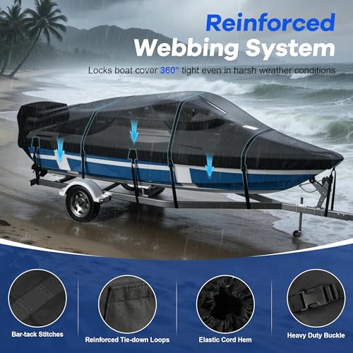 Boat Cover - 1200D Heavy Duty Oxford Fabric with Motor Cover, 12-14 FT Waterproof & UV Resistant Boat Covers with Windproof Straps, Fits V-Hull, Tri-Hull, Runabout, Fish & Ski Boat, Bass Boat, Black by K-Musculo - Image 4