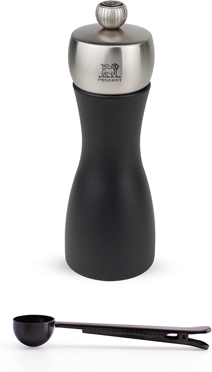 Peugeot Fidji 6 Inch Salt Mill, Black Matte - With Stainless Steel Spice Scoop & Clip