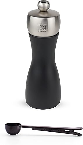 Peugeot Fidji - Molinillo de sal de 6 pulgadas, negro mate, con cuchara de especias de acero inoxidable y clip
